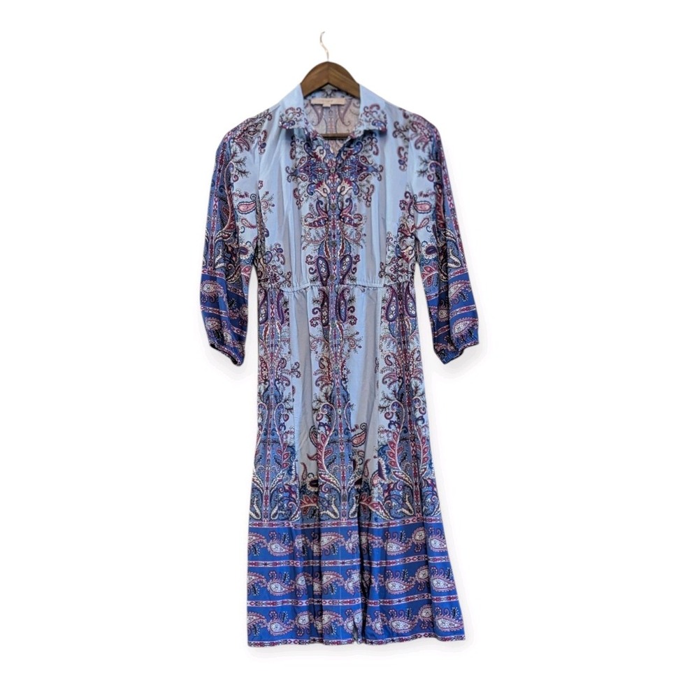 Loft Light Blue Paisley Floral Midi Shirtdress‎ Size XS Button Front Collar Belt - Picture 3 of 7